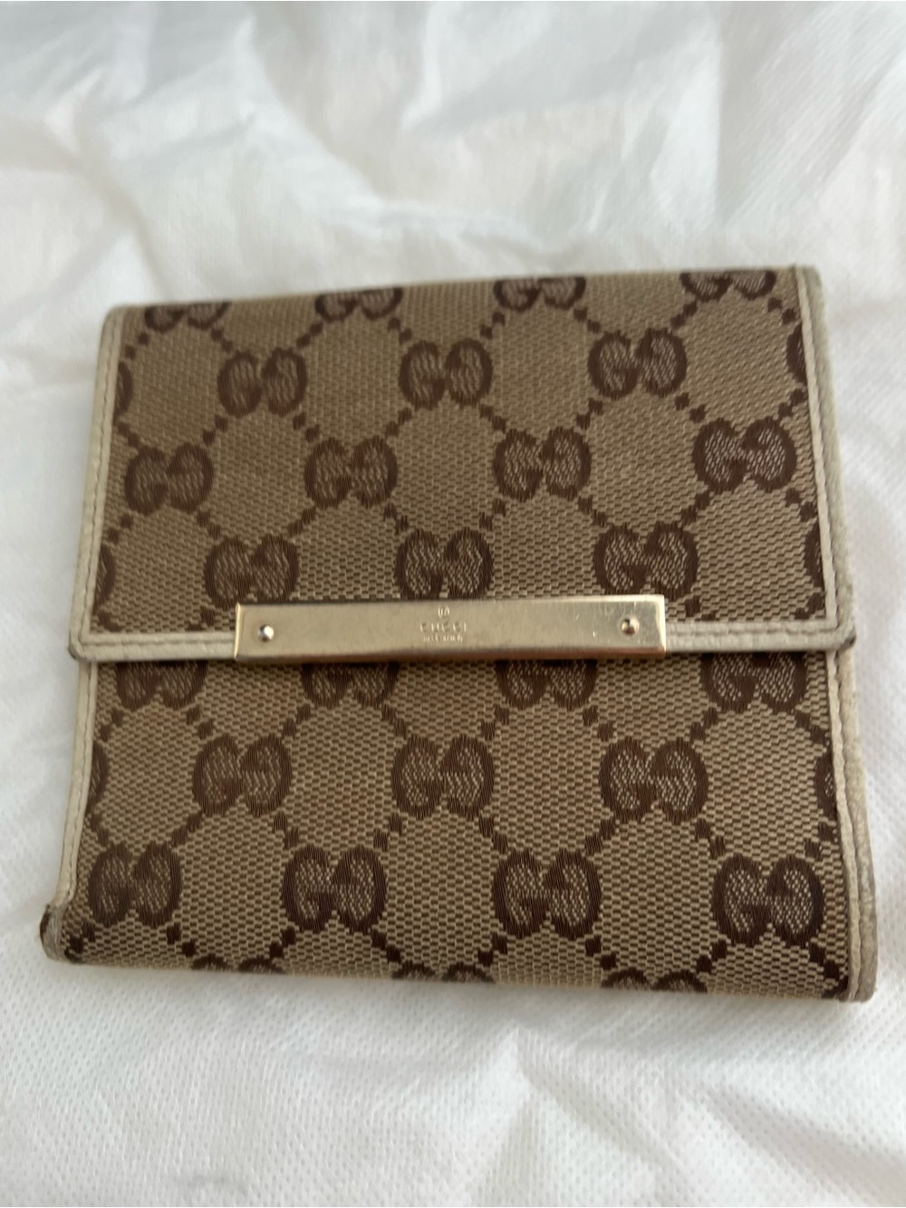 Gucci Beige Brown Monogram Small Wallet with Gold Bar